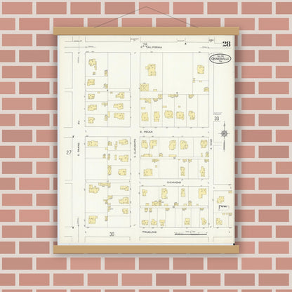Old map wall art mockup — magnetic wood frame on brick wall — Sanborn Fire Insurance Map from Gainesville, Cooke County, Texas (1913), Sheet #0028