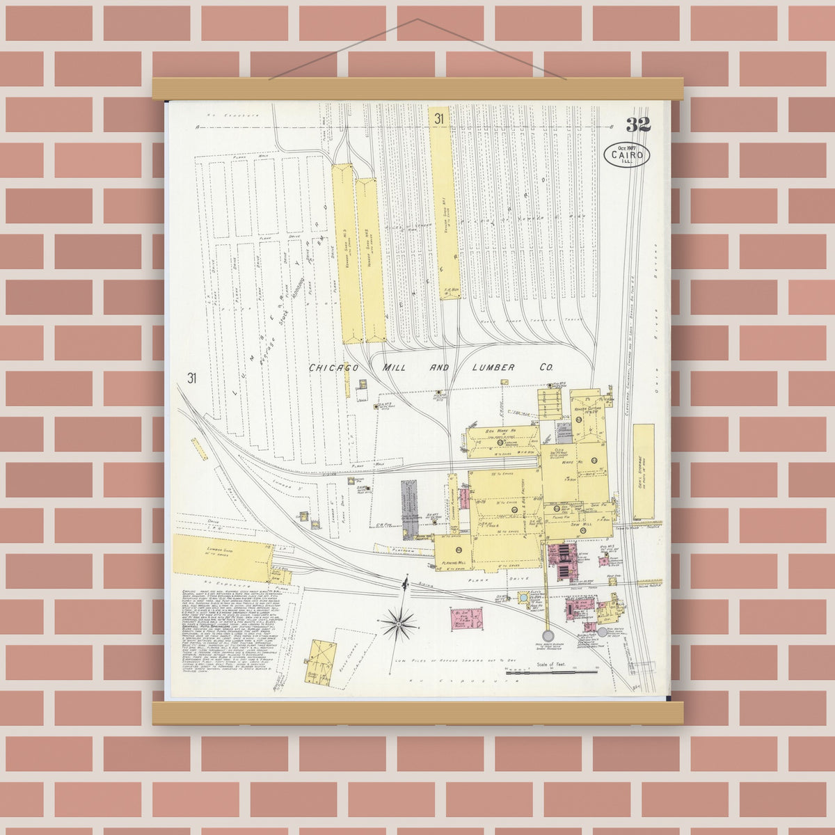 Old map wall art mockup — magnetic wood frame on brick wall — Sanborn Fire Insurance Map from Cairo, Alexander County, Illinois (1907), Sheet #0032
