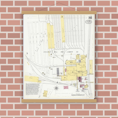 Old map wall art mockup — magnetic wood frame on brick wall — Sanborn Fire Insurance Map from Cairo, Alexander County, Illinois (1907), Sheet #0032