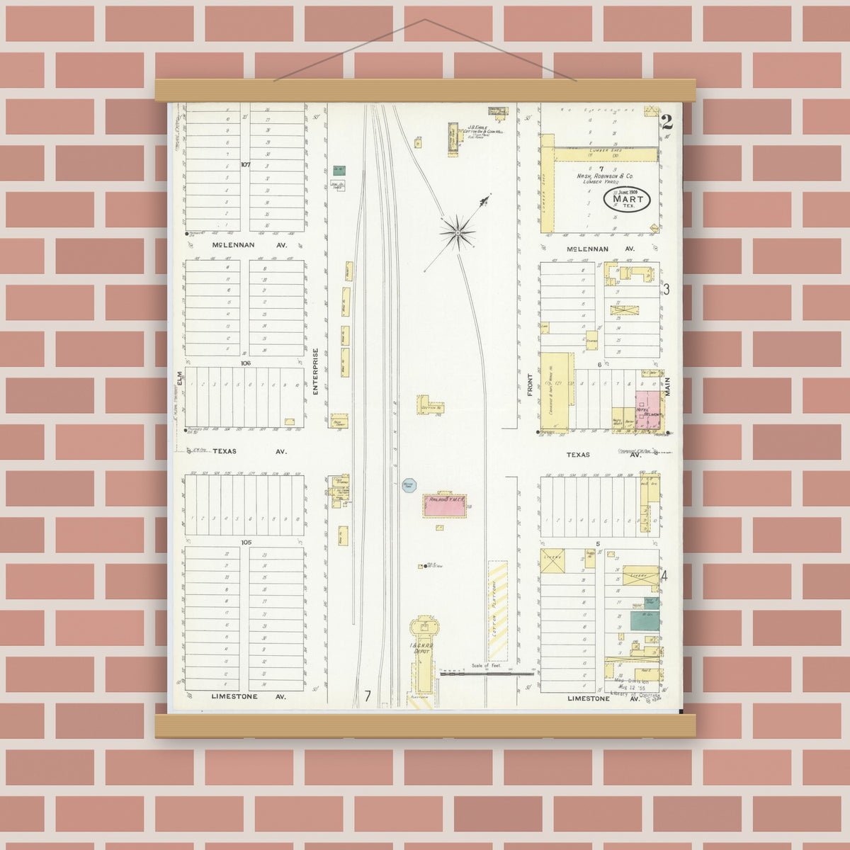 Old map wall art mockup — magnetic wood frame on brick wall — Sanborn Fire Insurance Map from Mart, McLennan County, Texas (1909), Sheet #0002
