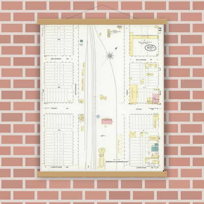 Old map wall art mockup — magnetic wood frame on brick wall — Sanborn Fire Insurance Map from Mart, McLennan County, Texas (1909), Sheet #0002