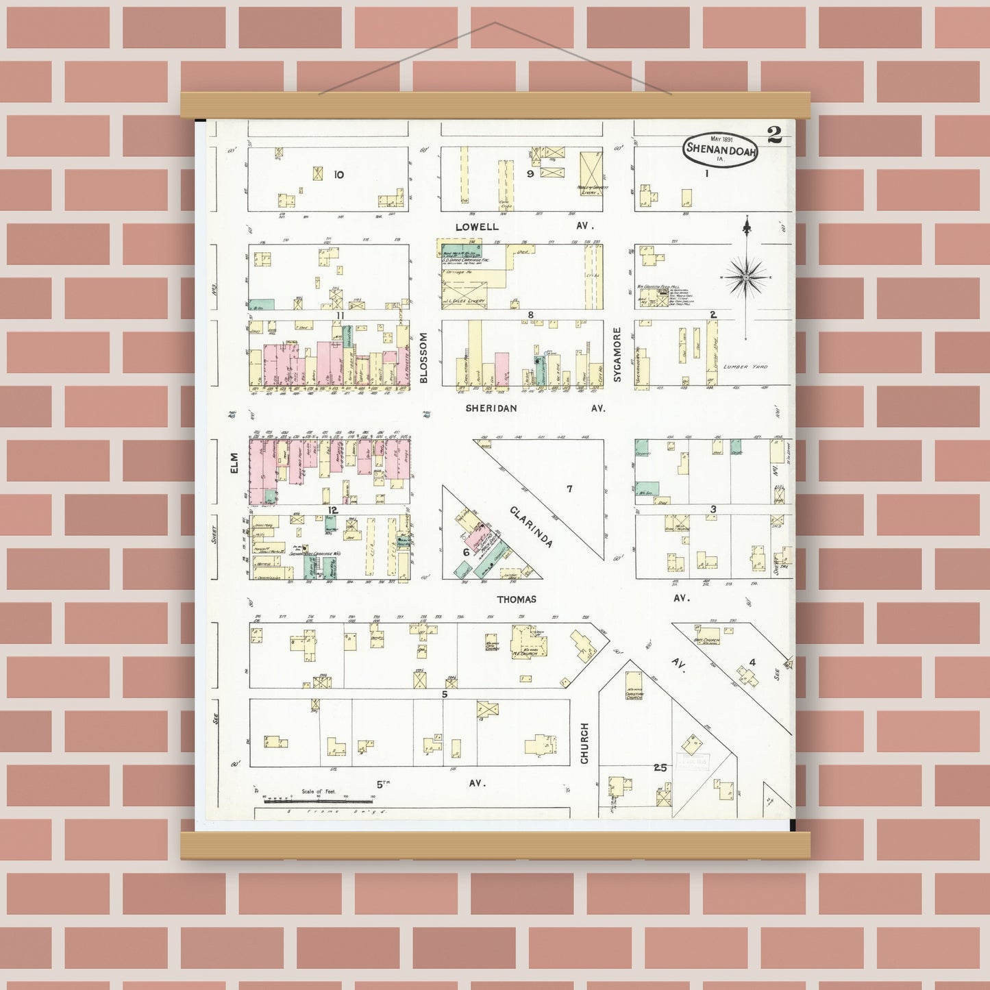 Old map wall art mockup — magnetic wood frame on brick wall — Sanborn Fire Insurance Map from Shenandoah, Page County, Iowa (1891), Sheet #0002
