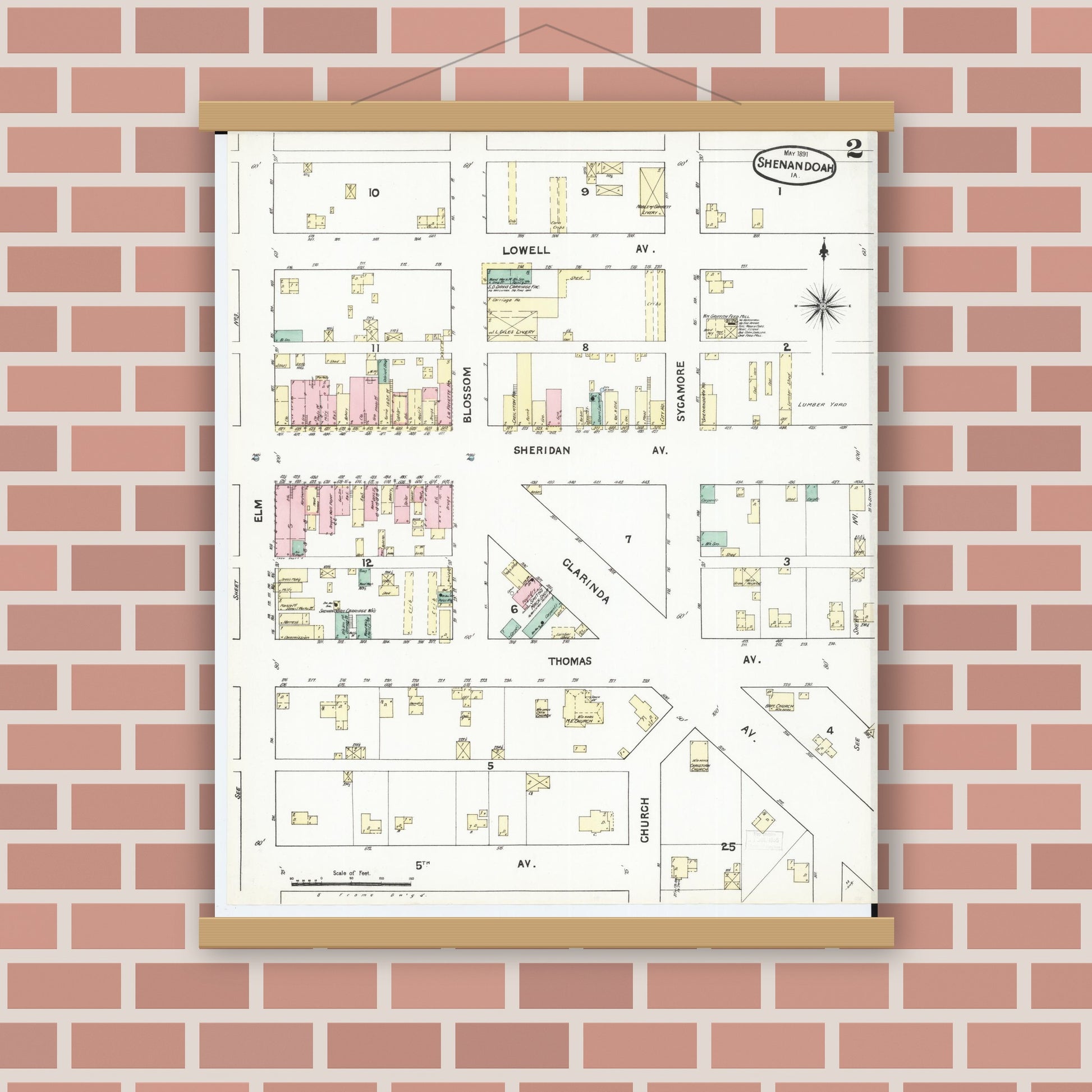 Old map wall art mockup — magnetic wood frame on brick wall — Sanborn Fire Insurance Map from Shenandoah, Page County, Iowa (1891), Sheet #0002