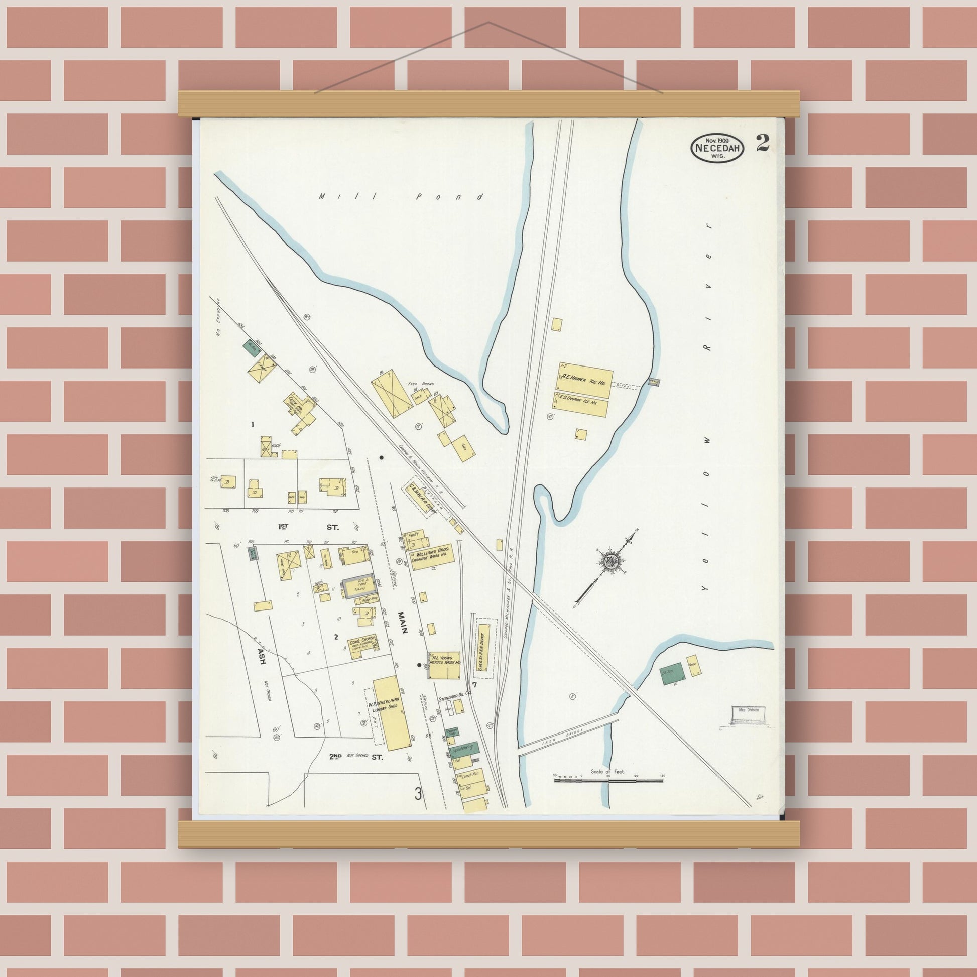 Old map wall art mockup — magnetic wood frame on brick wall — Sanborn Fire Insurance Map from Necedah, Juneau County, Wisconsin (1909), Sheet #0002
