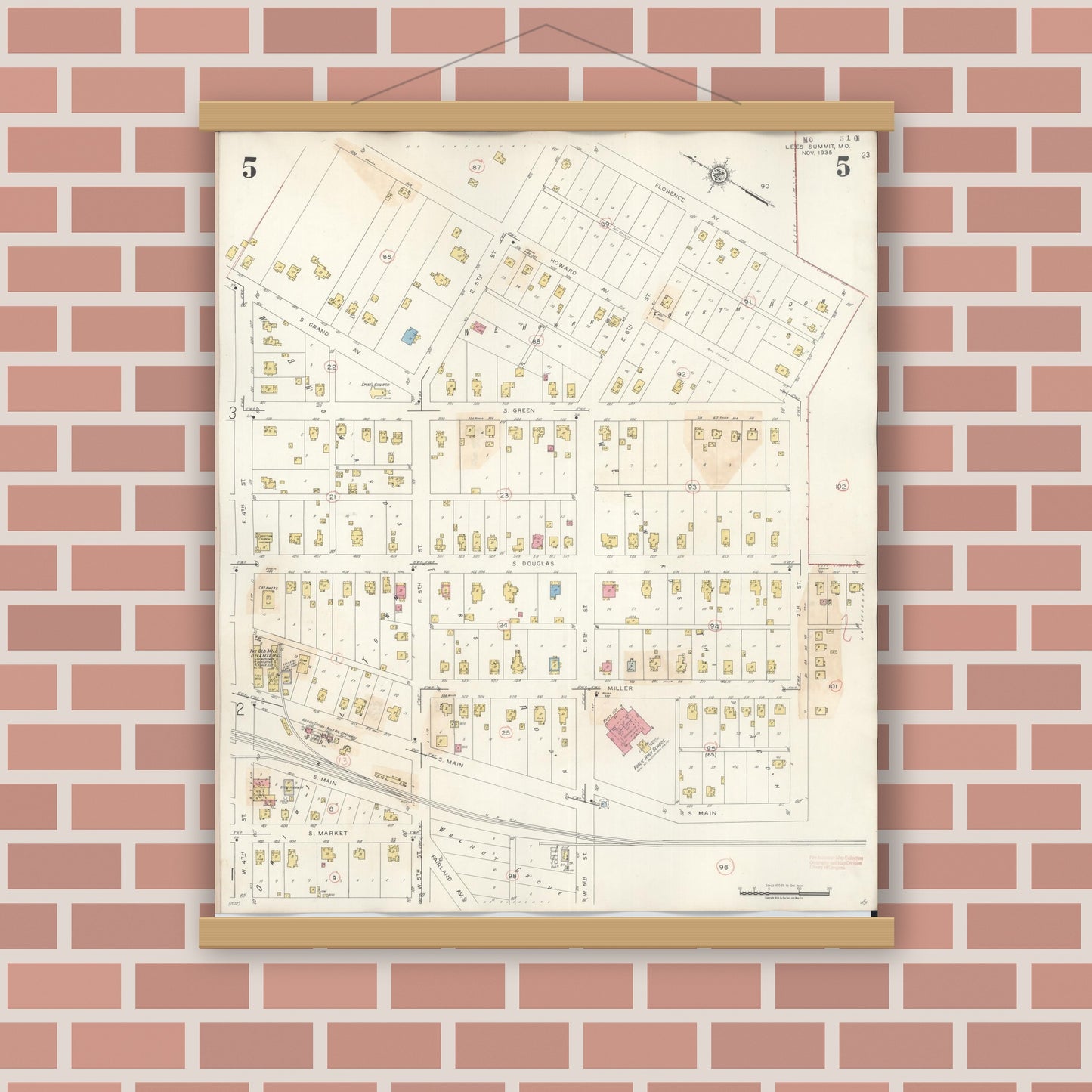 Old map wall art mockup — magnetic wood frame on brick wall — Sanborn Fire Insurance Map from Lee's Summit, Jackson County, Missouri (1945), Sheet #0005