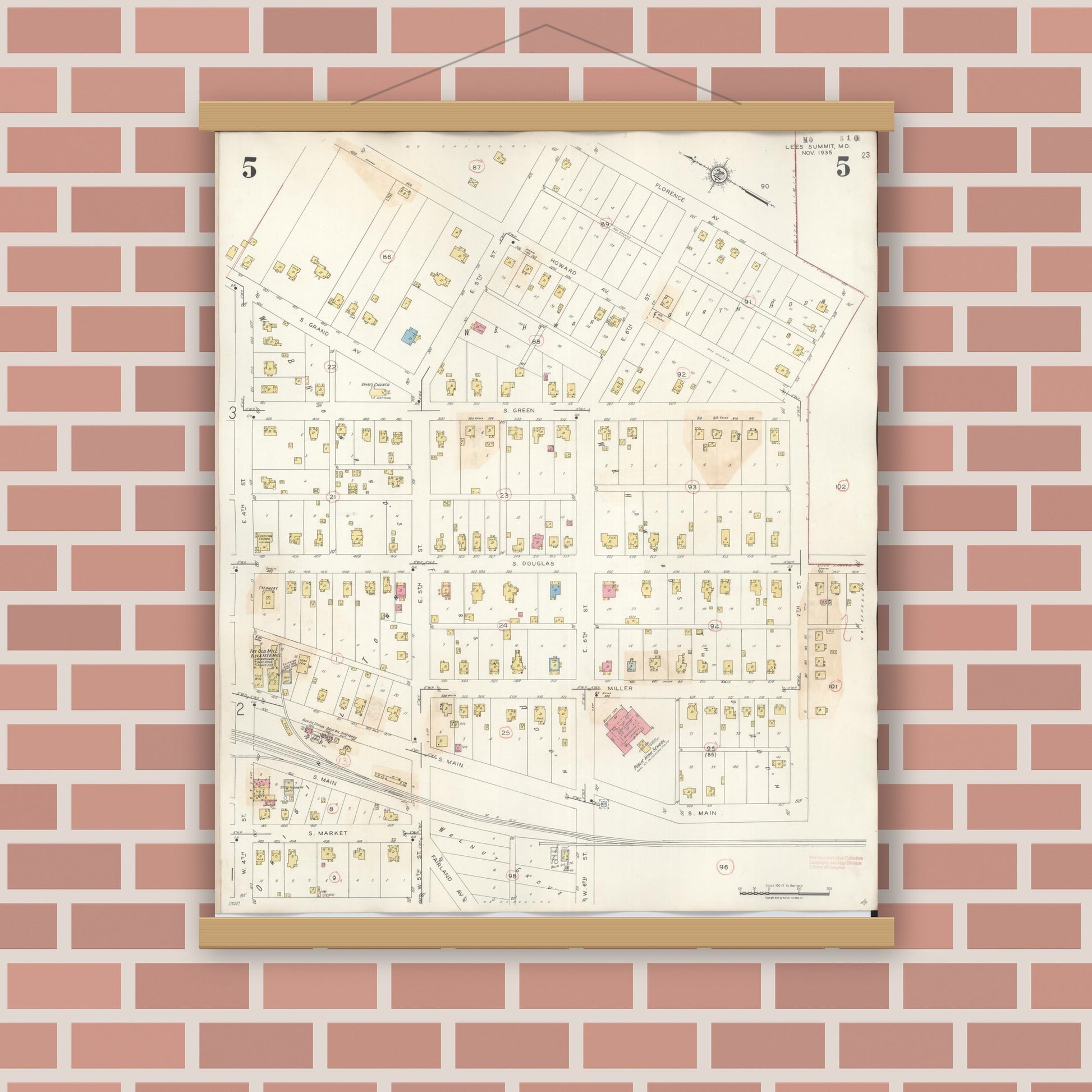 Old map wall art mockup — magnetic wood frame on brick wall — Sanborn Fire Insurance Map from Lee's Summit, Jackson County, Missouri (1945), Sheet #0005