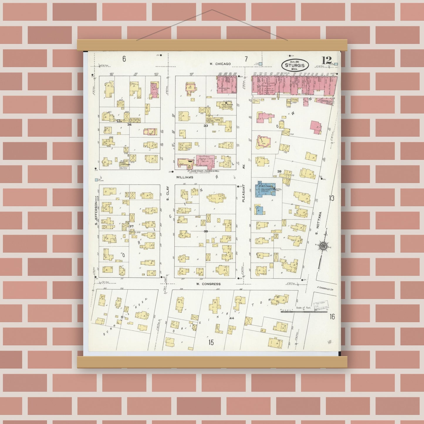 Old map wall art mockup — magnetic wood frame on brick wall — Sanborn Fire Insurance Map from Sturgis, Saint Joseph County, Michigan (1911), Sheet #0012