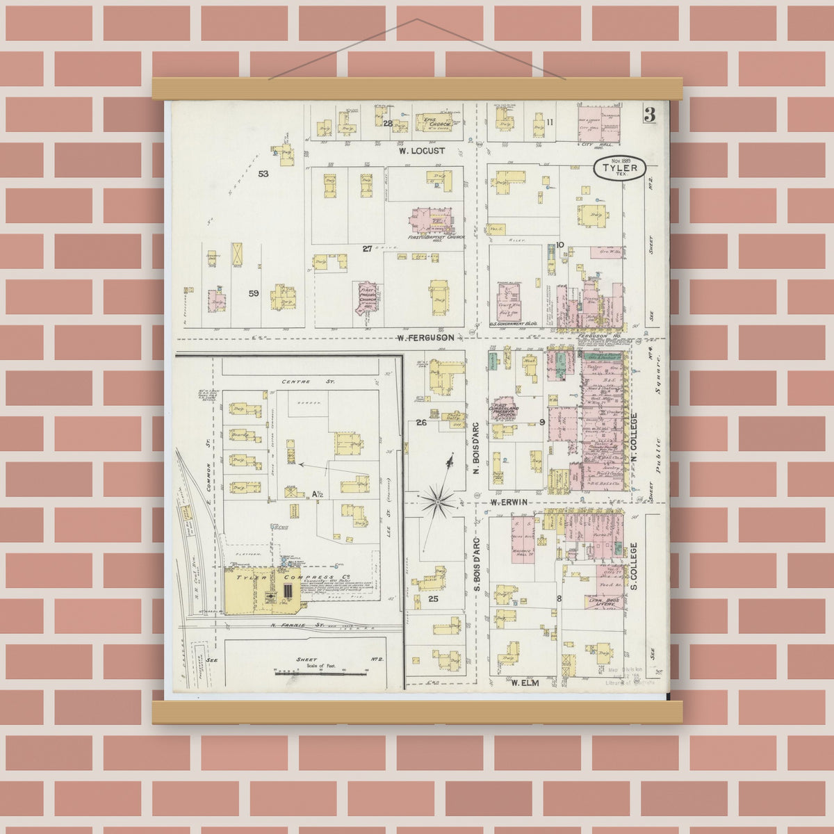 Old map wall art mockup — magnetic wood frame on brick wall — Sanborn Fire Insurance Map from Tyler, Smith County, Texas (1889), Sheet #0003