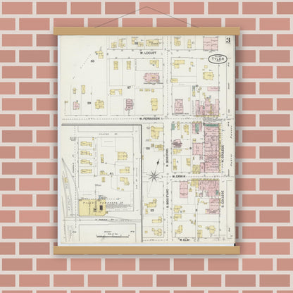 Old map wall art mockup — magnetic wood frame on brick wall — Sanborn Fire Insurance Map from Tyler, Smith County, Texas (1889), Sheet #0003