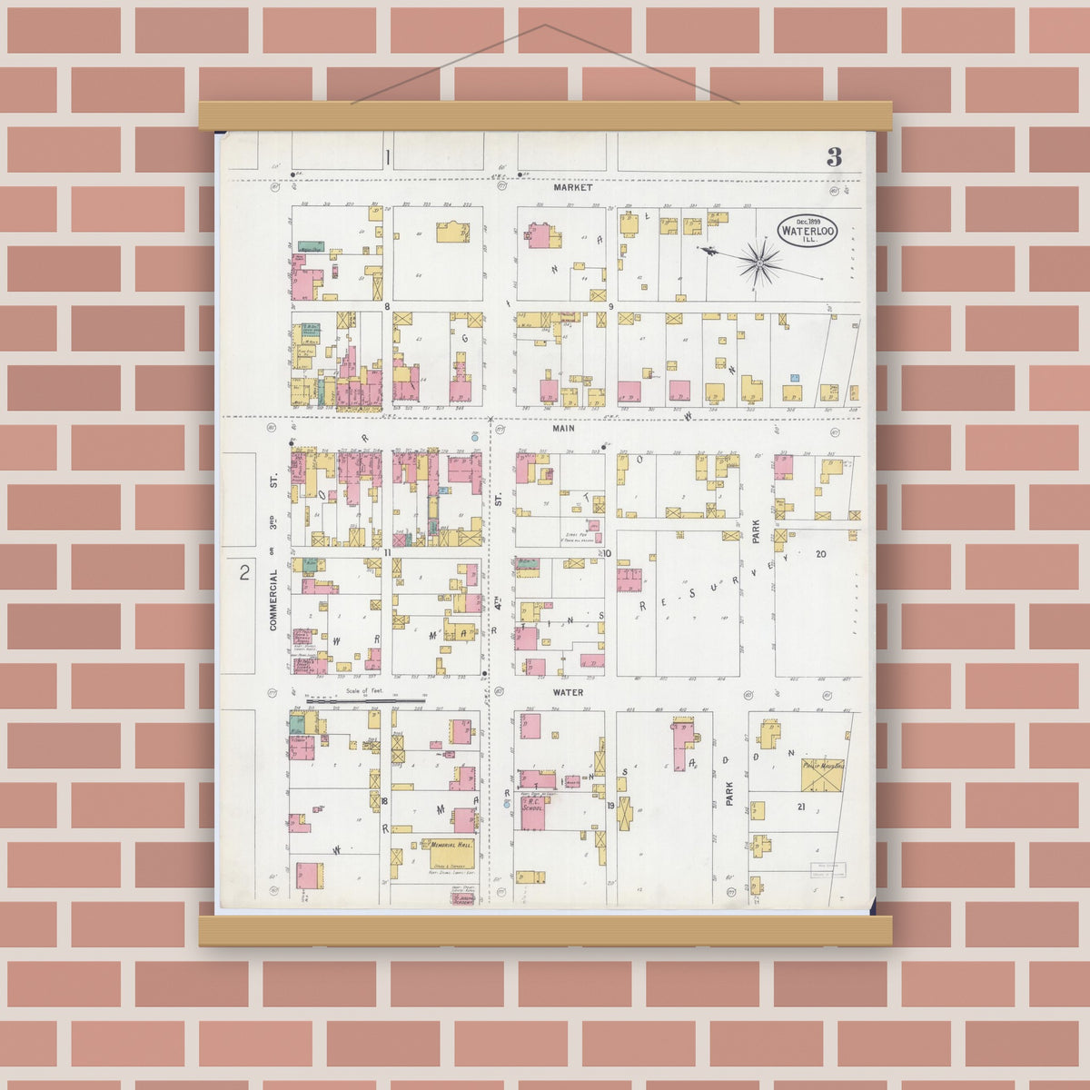 Old map wall art mockup — magnetic wood frame on brick wall — Sanborn Fire Insurance Map from Waterloo, Monroe County, Illinois (1899), Sheet #0003
