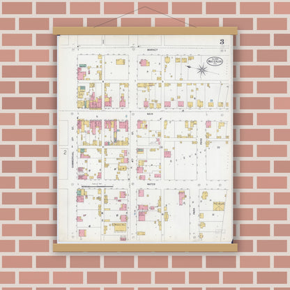 Old map wall art mockup — magnetic wood frame on brick wall — Sanborn Fire Insurance Map from Waterloo, Monroe County, Illinois (1899), Sheet #0003