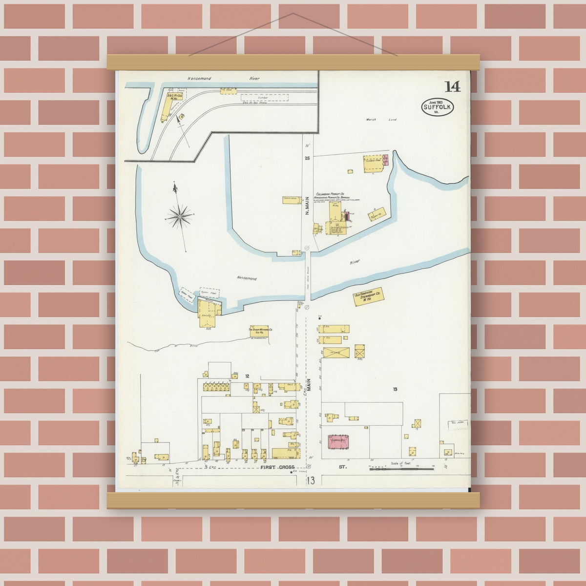 Old map wall art mockup — magnetic wood frame on brick wall — Sanborn Fire Insurance Map from Suffolk, Independent Cities, Virginia (1903), Sheet #0014