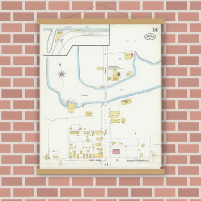 Old map wall art mockup — magnetic wood frame on brick wall — Sanborn Fire Insurance Map from Suffolk, Independent Cities, Virginia (1903), Sheet #0014