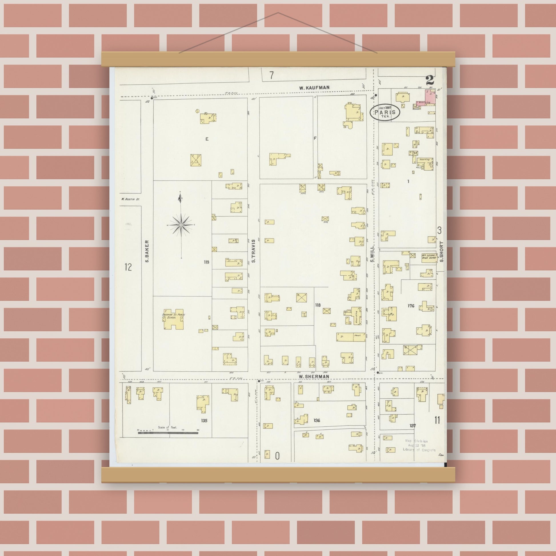 Old map wall art mockup — magnetic wood frame on brick wall — Sanborn Fire Insurance Map from Paris, Lamar County, Texas (1897), Sheet #0002