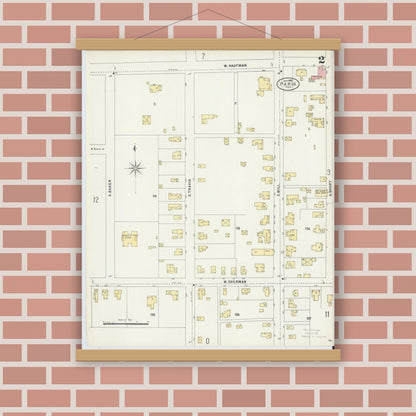 Old map wall art mockup — magnetic wood frame on brick wall — Sanborn Fire Insurance Map from Paris, Lamar County, Texas (1897), Sheet #0002