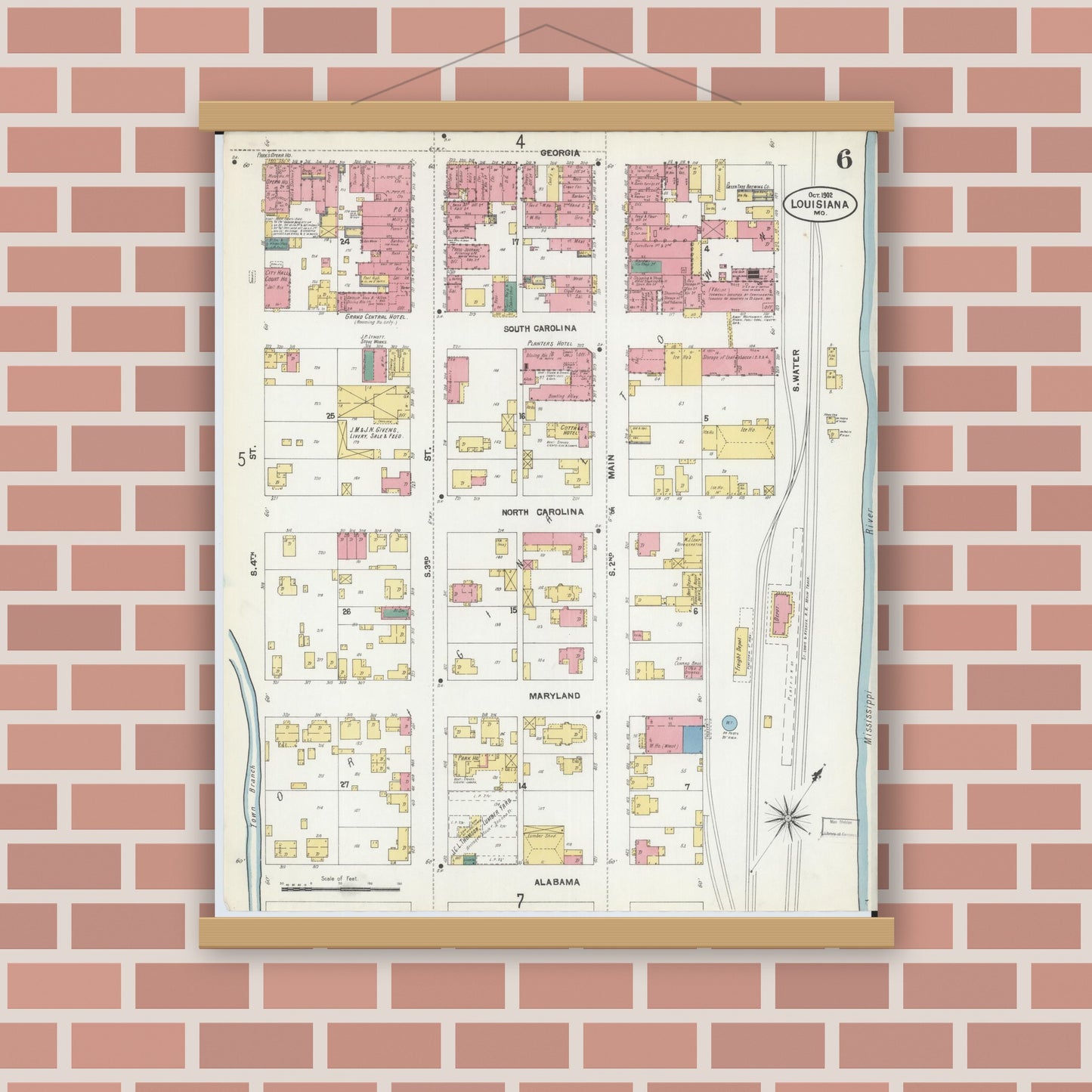 Old map wall art mockup — magnetic wood frame on brick wall — Sanborn Fire Insurance Map from Louisiana, Pike County, Missouri (1902), Sheet #0006