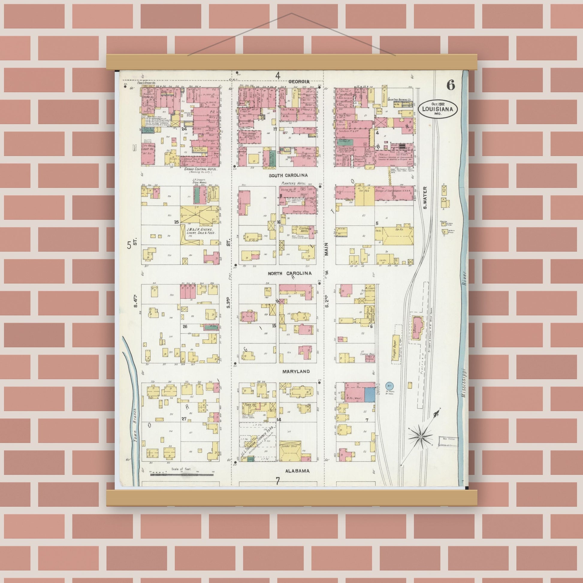 Old map wall art mockup — magnetic wood frame on brick wall — Sanborn Fire Insurance Map from Louisiana, Pike County, Missouri (1902), Sheet #0006