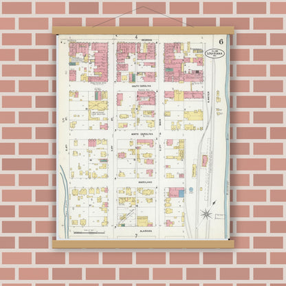 Old map wall art mockup — magnetic wood frame on brick wall — Sanborn Fire Insurance Map from Louisiana, Pike County, Missouri (1902), Sheet #0006