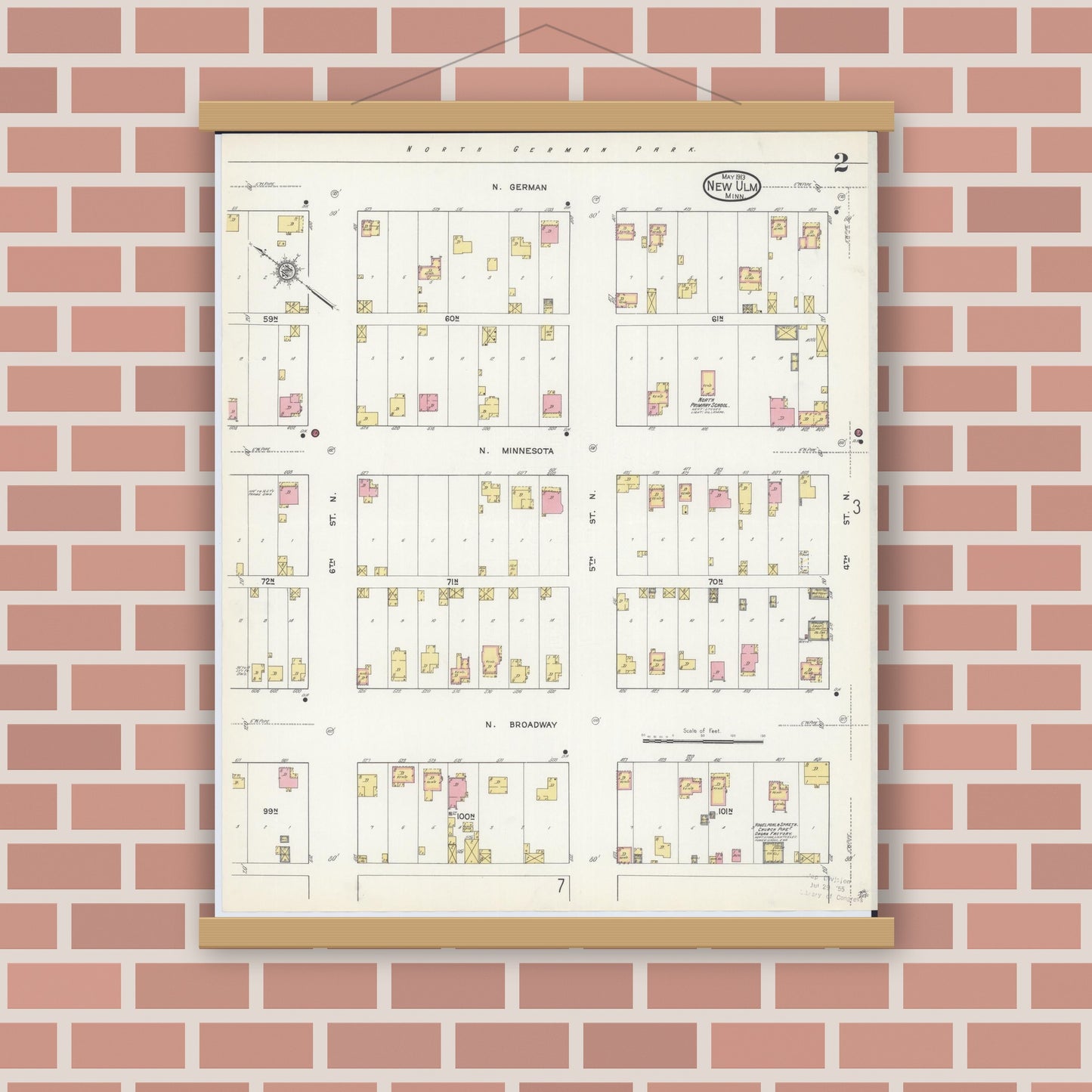 Old map wall art mockup — magnetic wood frame on brick wall — Sanborn Fire Insurance Map from New Ulm, Brown County, Minnesota (1913), Sheet #0002