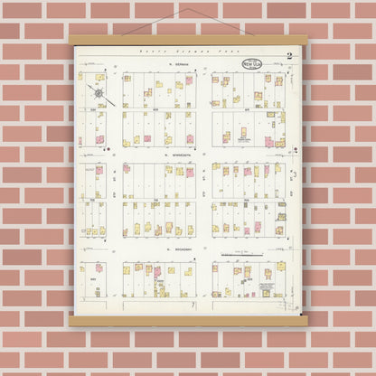 Old map wall art mockup — magnetic wood frame on brick wall — Sanborn Fire Insurance Map from New Ulm, Brown County, Minnesota (1913), Sheet #0002