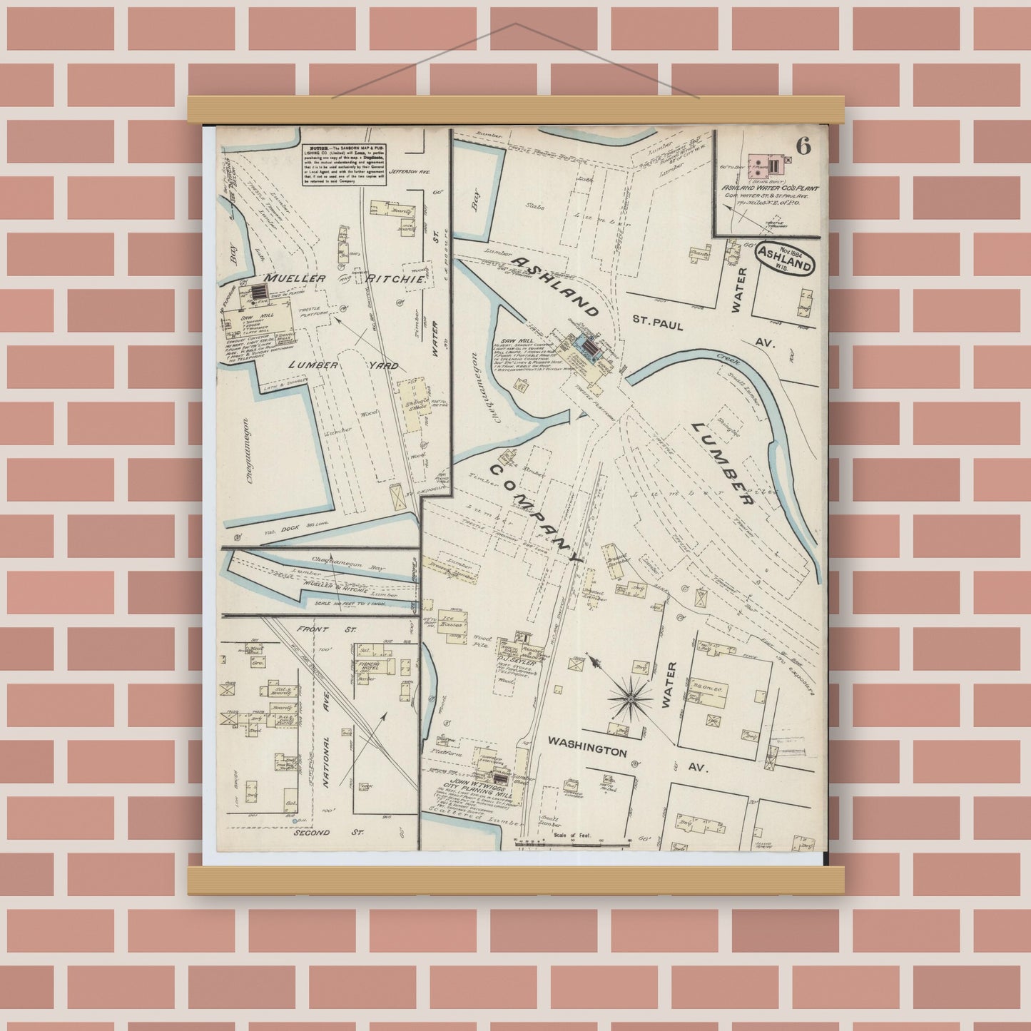 Old map wall art mockup — magnetic wood frame on brick wall — Sanborn Fire Insurance Map from Ashland, Ashland County, Wisconsin (1884), Sheet #0006
