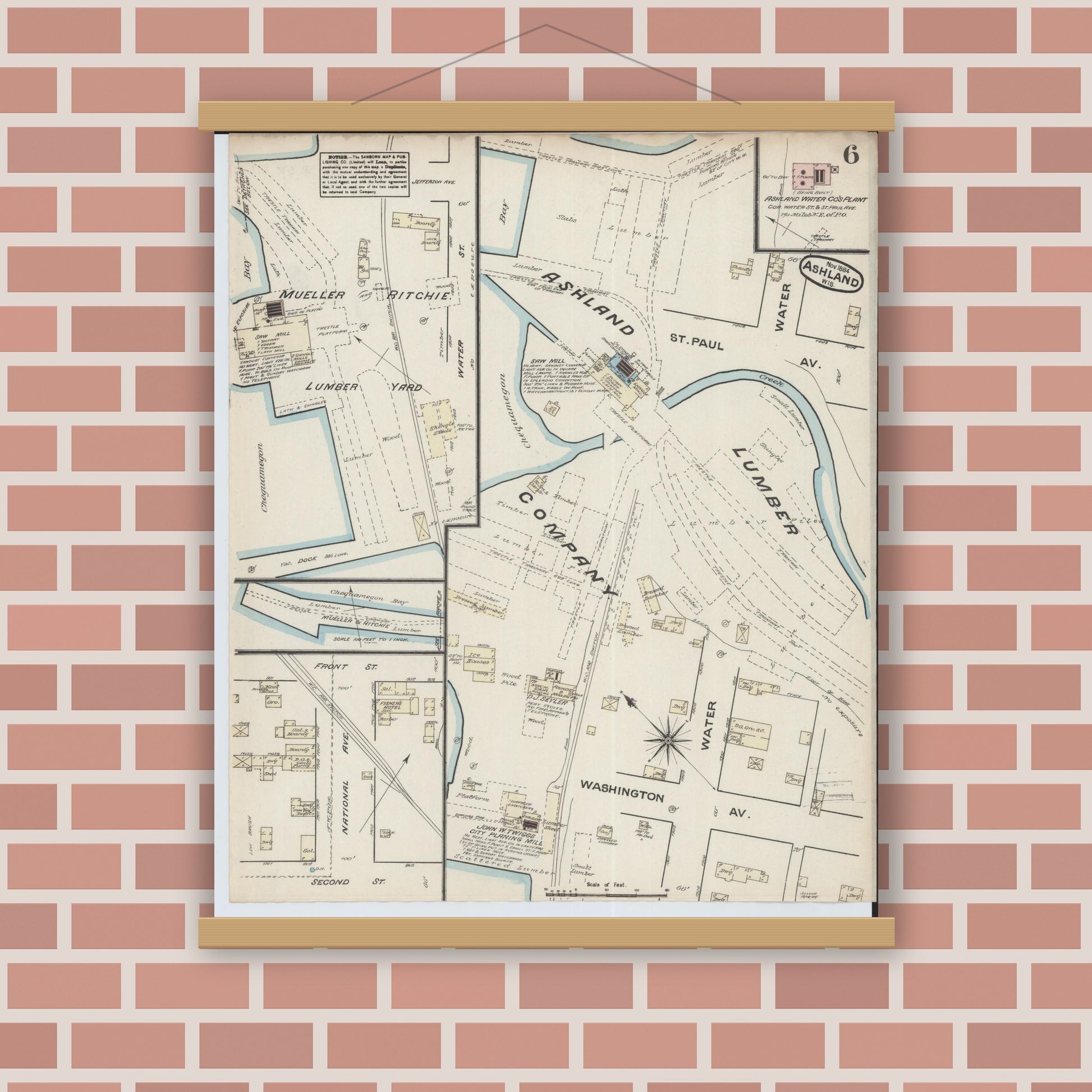 Old map wall art mockup — magnetic wood frame on brick wall — Sanborn Fire Insurance Map from Ashland, Ashland County, Wisconsin (1884), Sheet #0006