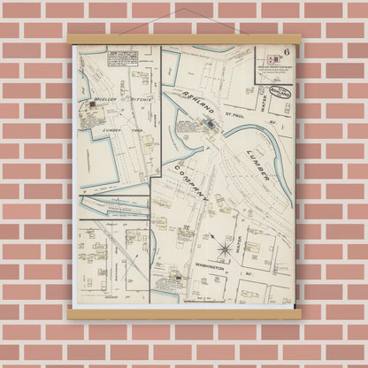 Old map wall art mockup — magnetic wood frame on brick wall — Sanborn Fire Insurance Map from Ashland, Ashland County, Wisconsin (1884), Sheet #0006