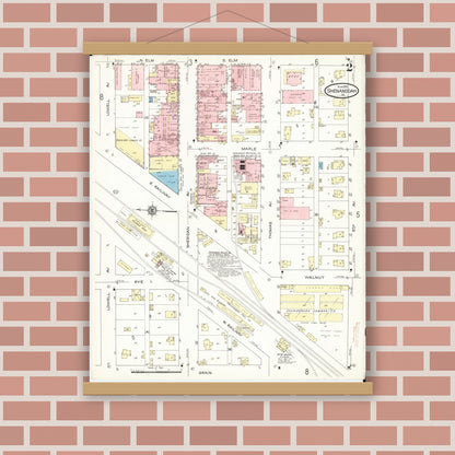 Old map wall art mockup — magnetic wood frame on brick wall — Sanborn Fire Insurance Map from Shenandoah, Page County, Iowa (1914), Sheet #0002