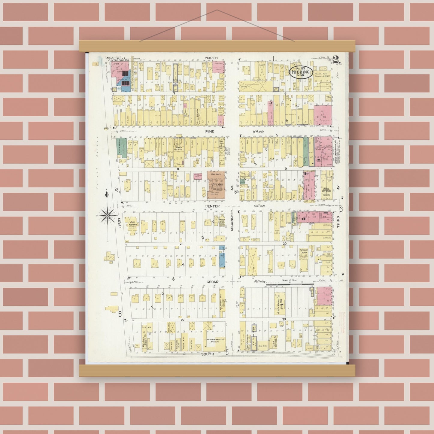 Old map wall art mockup — magnetic wood frame on brick wall — Sanborn Fire Insurance Map from Hibbing, Saint Louis County, Minnesota (1908), Sheet #0002