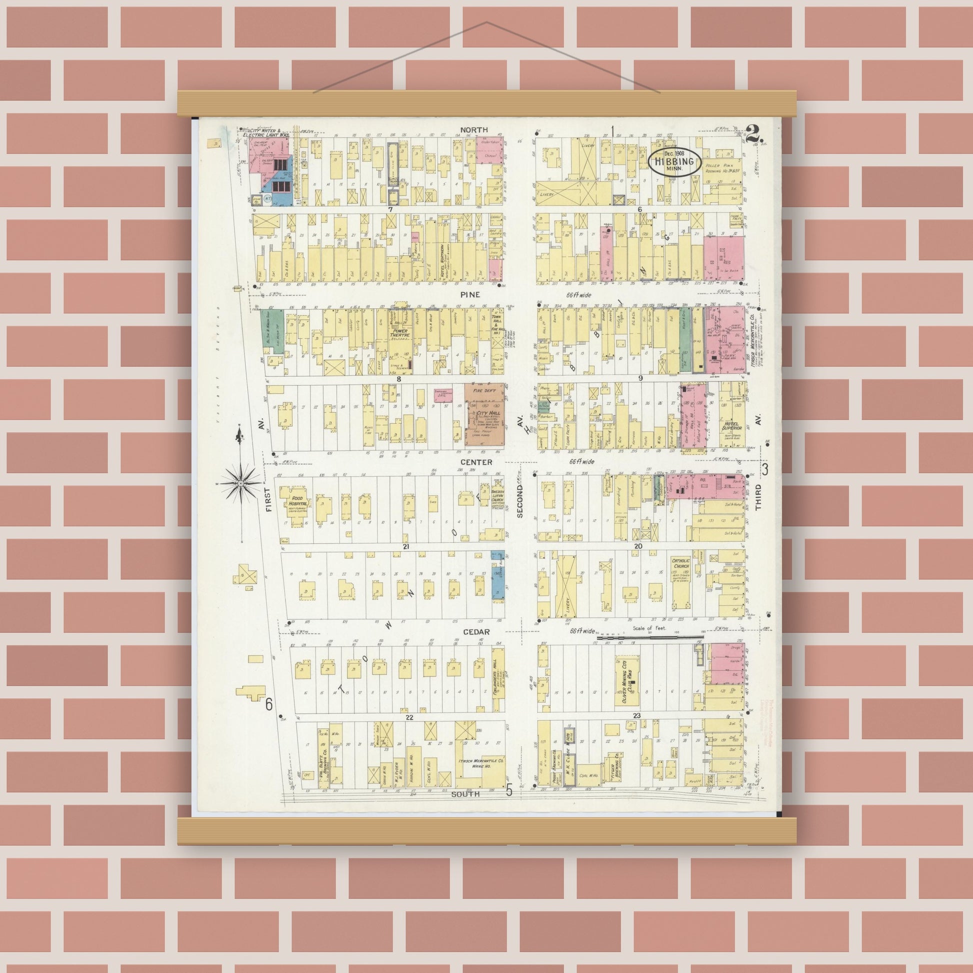 Old map wall art mockup — magnetic wood frame on brick wall — Sanborn Fire Insurance Map from Hibbing, Saint Louis County, Minnesota (1908), Sheet #0002