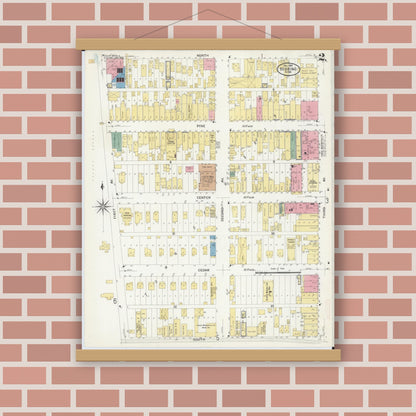 Old map wall art mockup — magnetic wood frame on brick wall — Sanborn Fire Insurance Map from Hibbing, Saint Louis County, Minnesota (1908), Sheet #0002