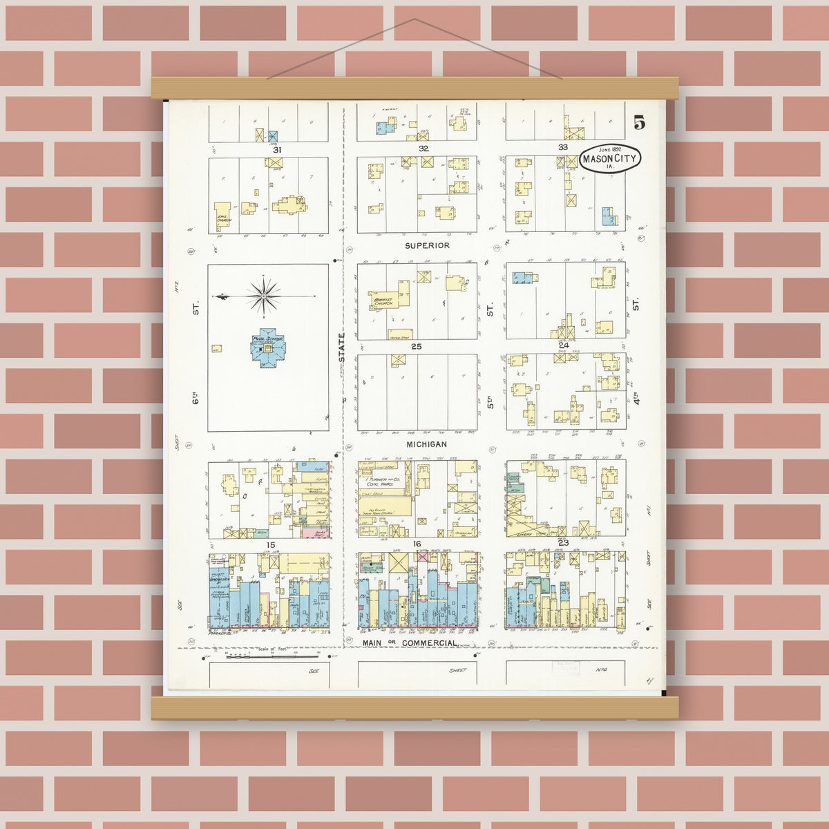 Old map wall art mockup — magnetic wood frame on brick wall — Sanborn Fire Insurance Map from Mason City, Cerro Gordo County, Iowa (1892), Sheet #0005