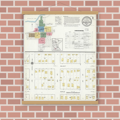 Old map wall art mockup — magnetic wood frame on brick wall — Sanborn Fire Insurance Map from Sleepy Eye, Brown County, Minnesota (1917) - Complete Map Set