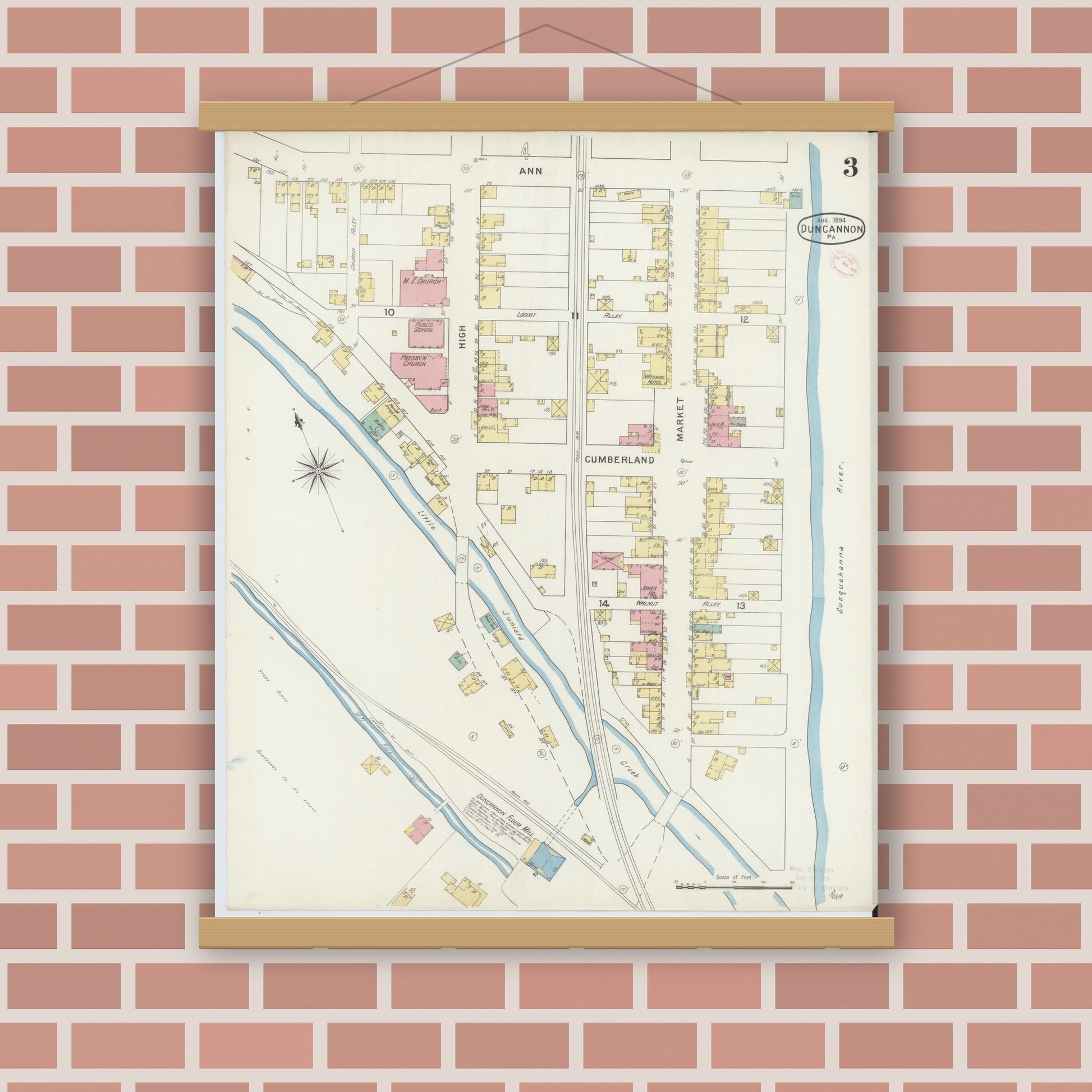 Old map wall art mockup — magnetic wood frame on brick wall — Sanborn Fire Insurance Map from Duncannon, Perry County, Pennsylvania (1894), Sheet #0003