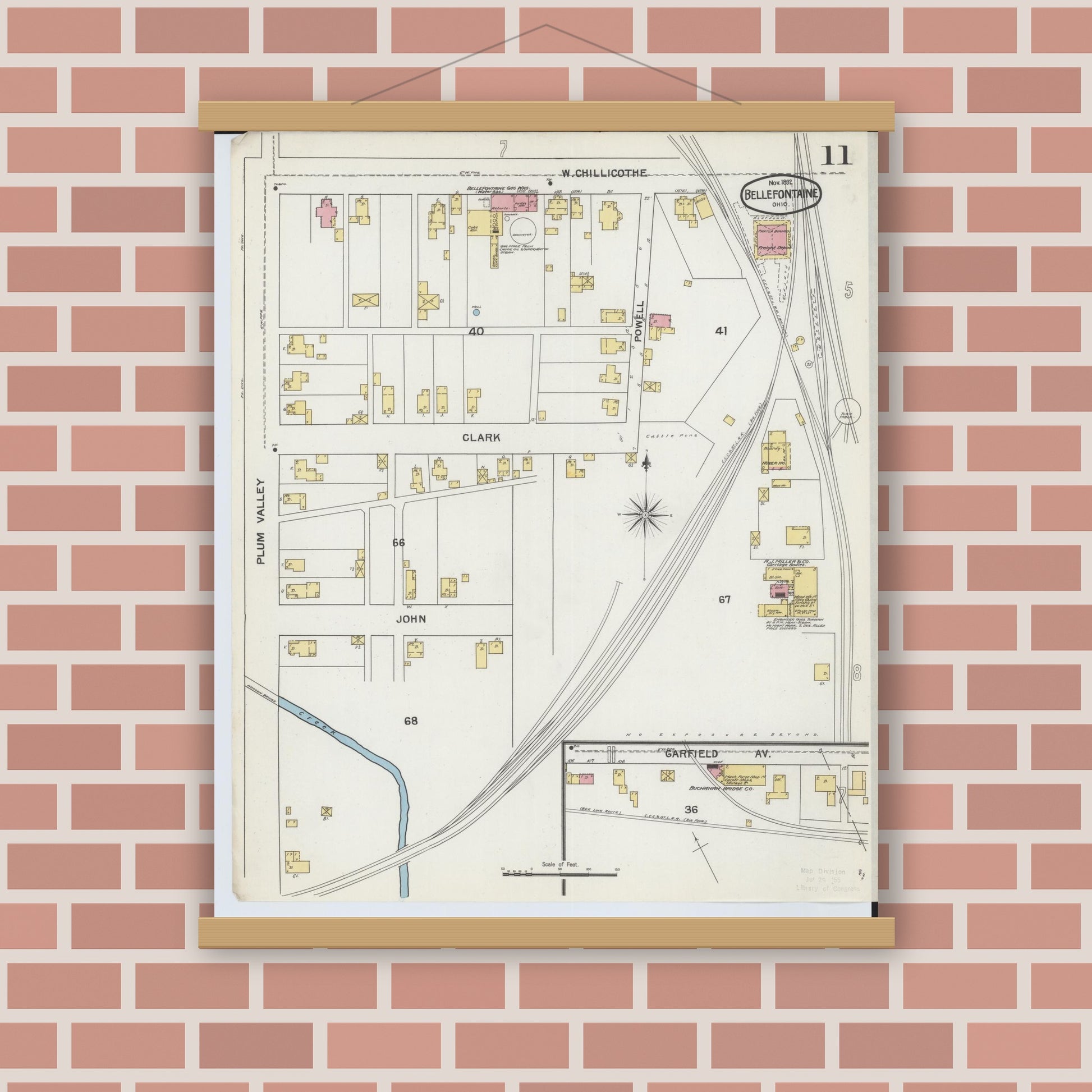 Old map wall art mockup — magnetic wood frame on brick wall — Sanborn Fire Insurance Map from Bellefontaine, Logan County, Ohio (1892), Sheet #0011