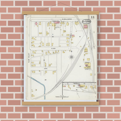 Old map wall art mockup — magnetic wood frame on brick wall — Sanborn Fire Insurance Map from Bellefontaine, Logan County, Ohio (1892), Sheet #0011