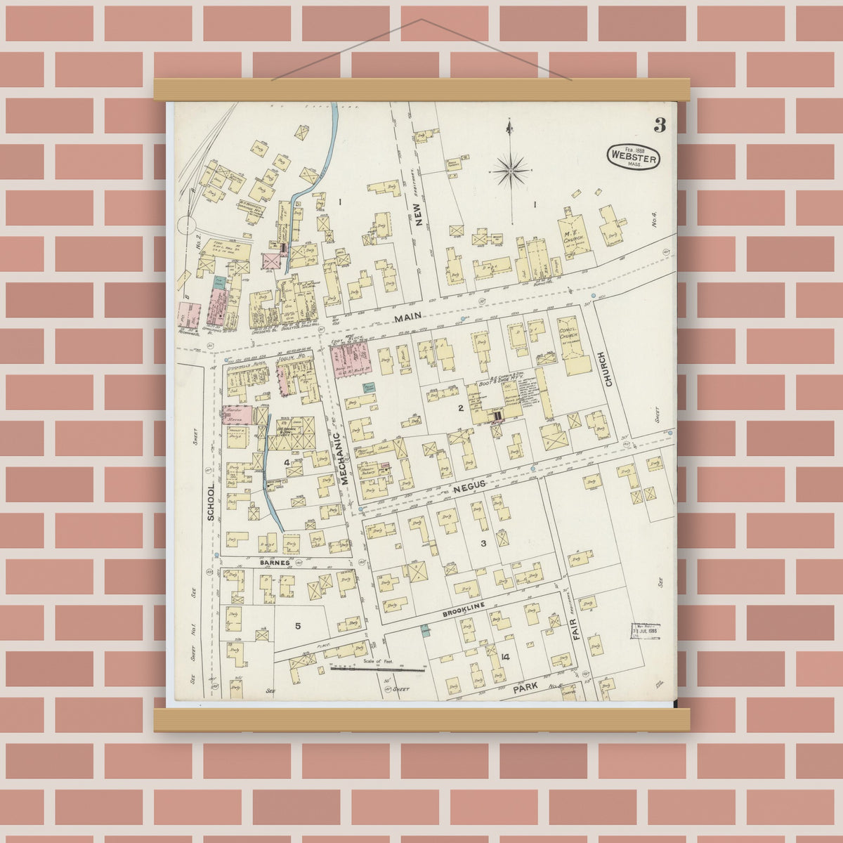Old map wall art mockup — magnetic wood frame on brick wall — Sanborn Fire Insurance Map from Webster, Worcester County, Massachusetts (1888), Sheet #0003