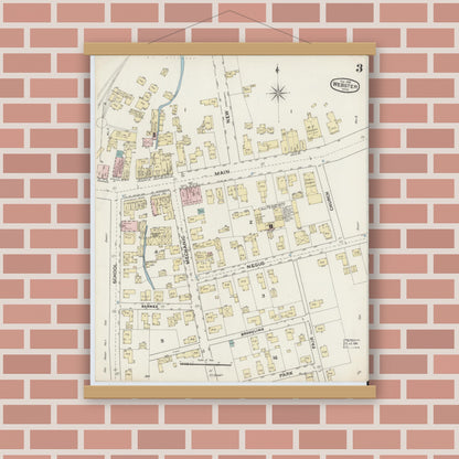 Old map wall art mockup — magnetic wood frame on brick wall — Sanborn Fire Insurance Map from Webster, Worcester County, Massachusetts (1888), Sheet #0003