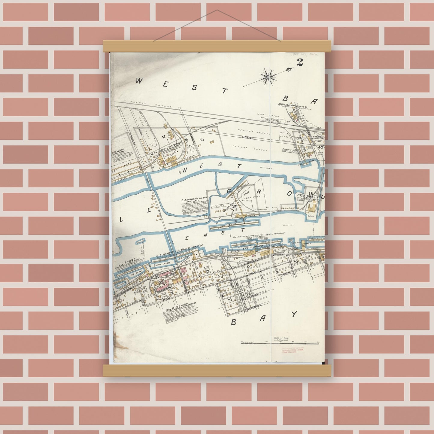 Old map wall art mockup — magnetic wood frame on brick wall — Sanborn Fire Insurance Map from Bay City, Bay County, Michigan (1895), Sheet #0002