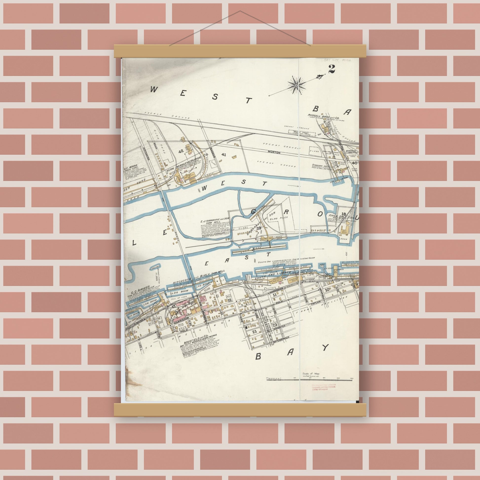 Old map wall art mockup — magnetic wood frame on brick wall — Sanborn Fire Insurance Map from Bay City, Bay County, Michigan (1895), Sheet #0002