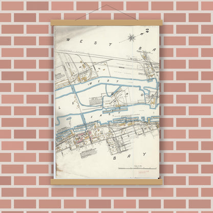 Old map wall art mockup — magnetic wood frame on brick wall — Sanborn Fire Insurance Map from Bay City, Bay County, Michigan (1895), Sheet #0002