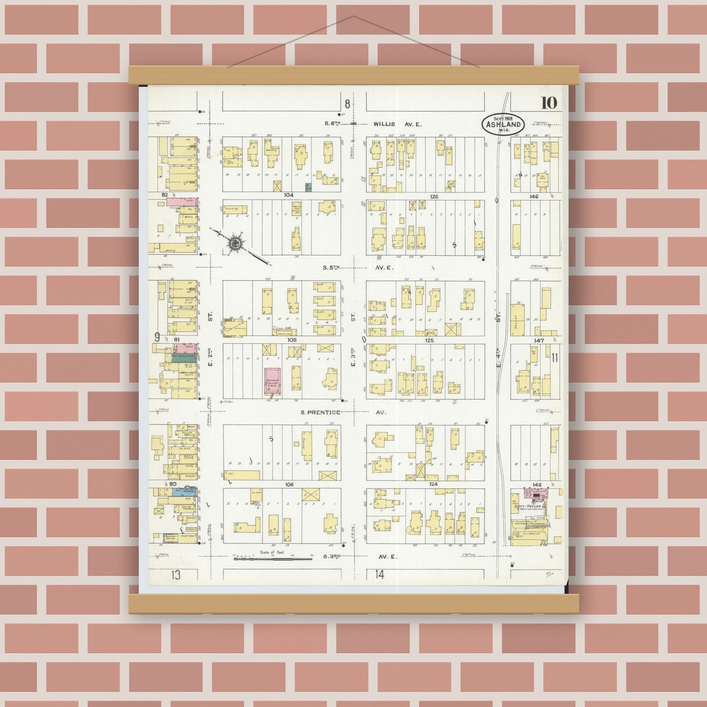 Old map wall art mockup — magnetic wood frame on brick wall — Sanborn Fire Insurance Map from Ashland, Ashland County, Wisconsin (1909), Sheet #0010