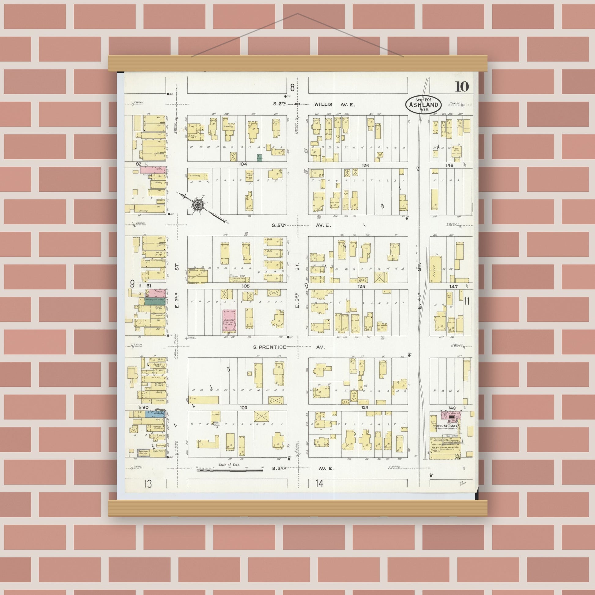 Old map wall art mockup — magnetic wood frame on brick wall — Sanborn Fire Insurance Map from Ashland, Ashland County, Wisconsin (1909), Sheet #0010
