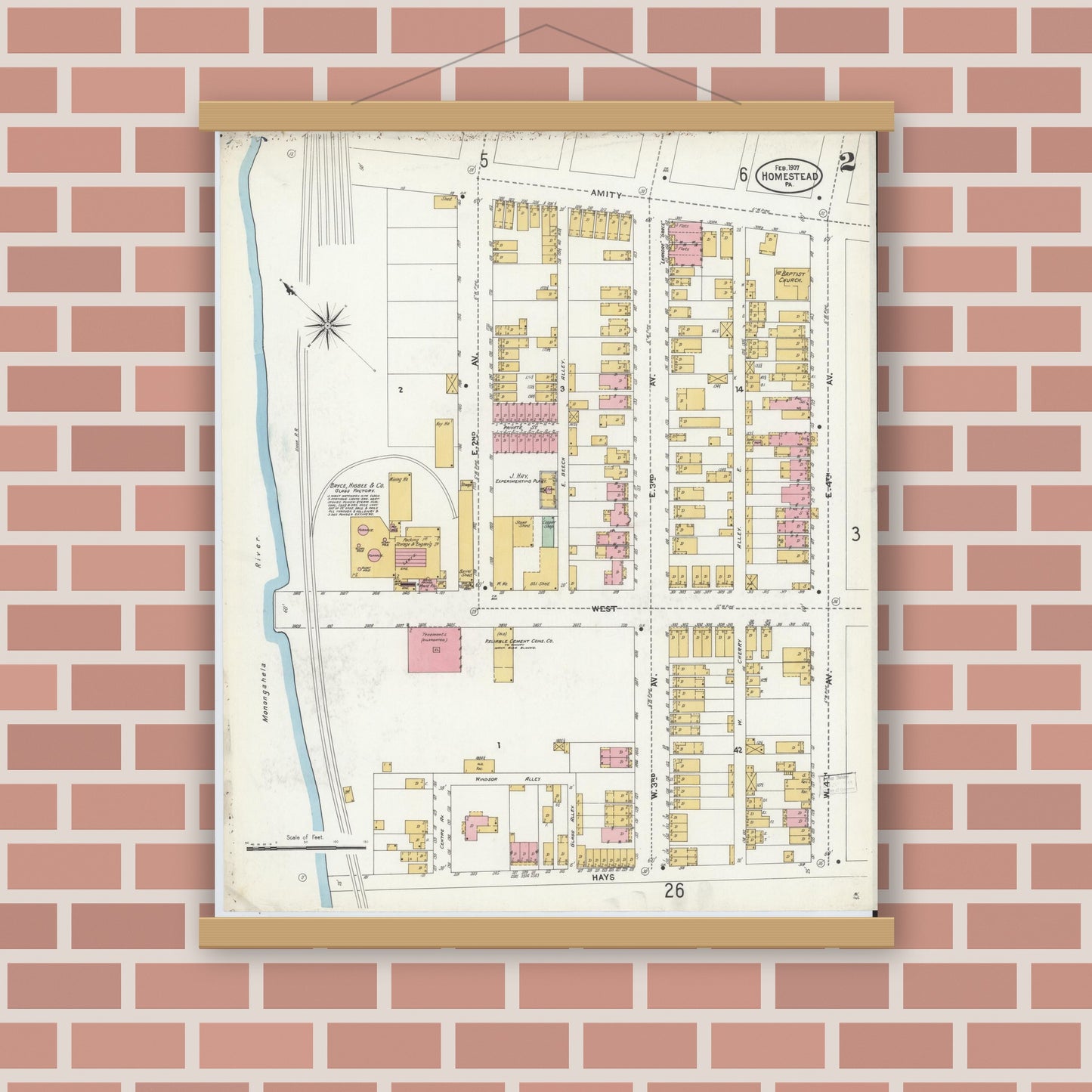 Old map wall art mockup — magnetic wood frame on brick wall — Sanborn Fire Insurance Map from Homestead, Allegheny County, Pennsylvania (1907), Sheet #0002