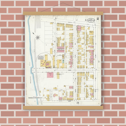 Old map wall art mockup — magnetic wood frame on brick wall — Sanborn Fire Insurance Map from Homestead, Allegheny County, Pennsylvania (1907), Sheet #0002