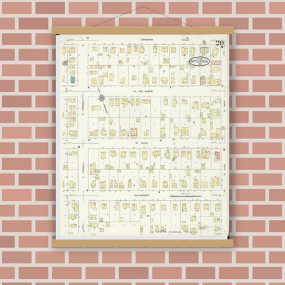 Old map wall art mockup — magnetic wood frame on brick wall — Sanborn Fire Insurance Map from Battle Creek, Calhoun County, Michigan (1913), Sheet #0020