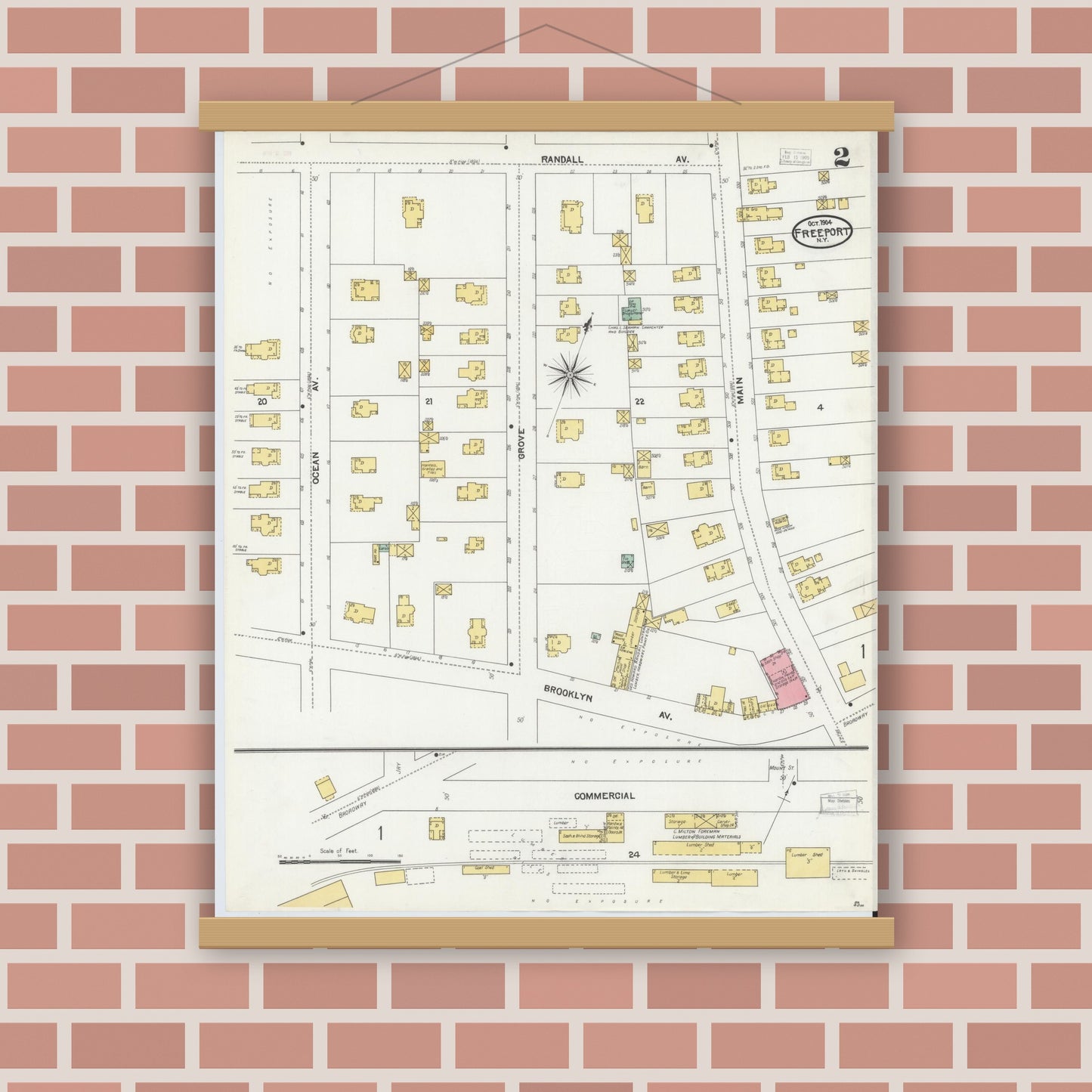 Old map wall art mockup — magnetic wood frame on brick wall — Sanborn Fire Insurance Map from Freeport, Nassau County, New York (1904), Sheet #0002