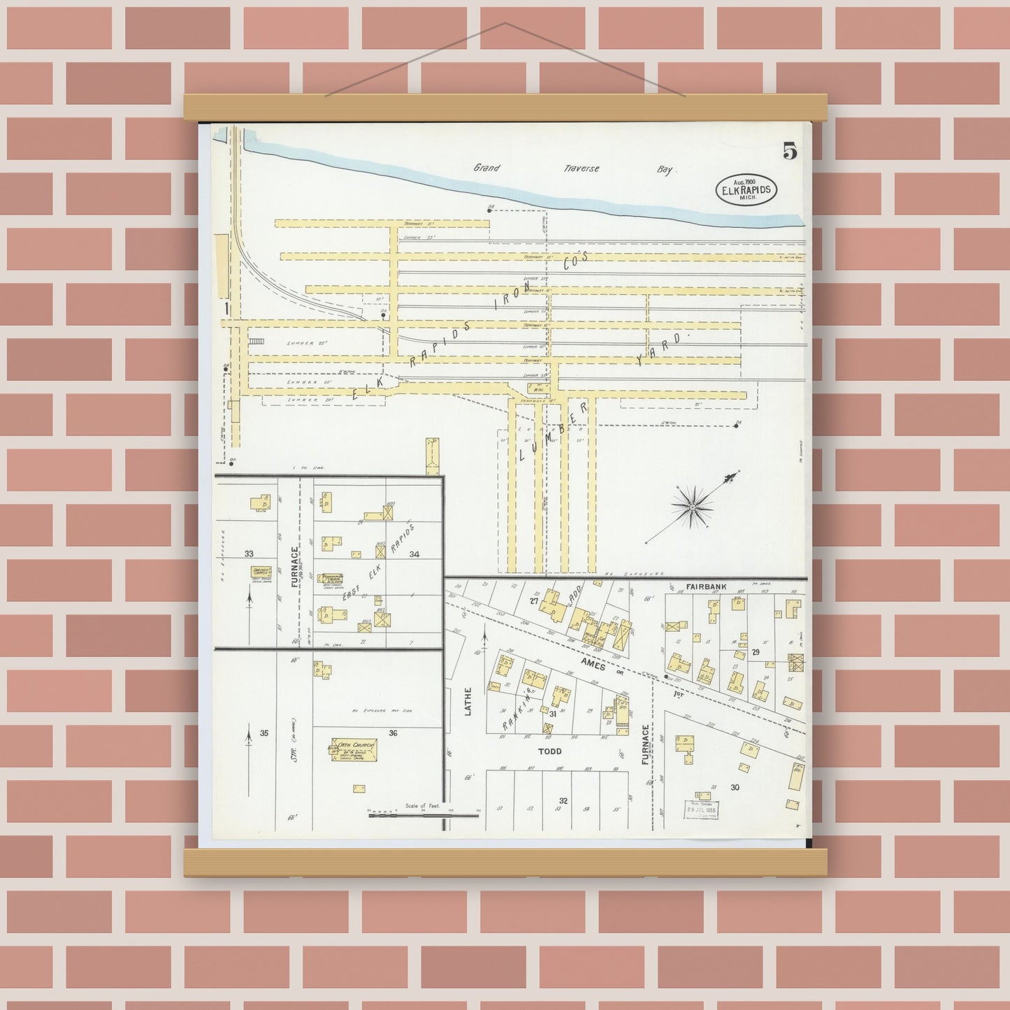 Old map wall art mockup — magnetic wood frame on brick wall — Sanborn Fire Insurance Map from Elk Rapids, Antrim County, Michigan (1900), Sheet #0005