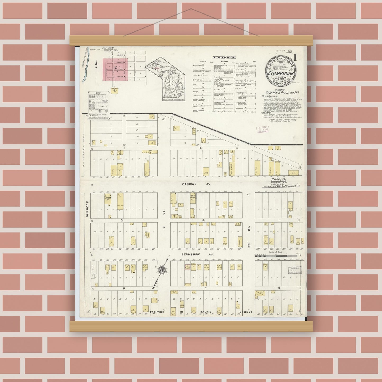 Old map wall art mockup — magnetic wood frame on brick wall — Sanborn Fire Insurance Map from Stambaugh, Iron County, Michigan (1913), Sheet #0001
