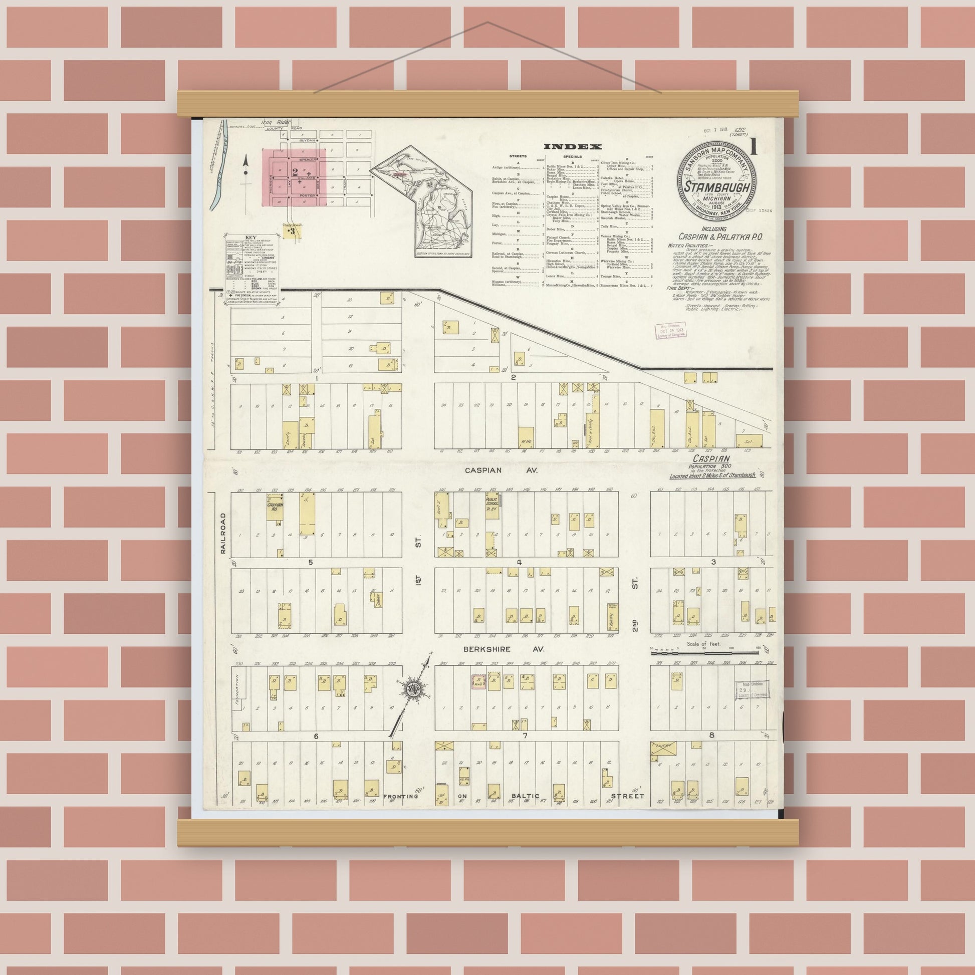 Old map wall art mockup — magnetic wood frame on brick wall — Sanborn Fire Insurance Map from Stambaugh, Iron County, Michigan (1913), Sheet #0001